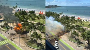 Incêndio destrói barraca na orla da Pajuçara e assusta turistas em Maceió