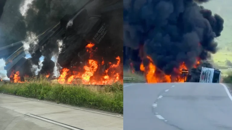 Caminhão-tanque tomba e incêndio interdita totalmente trecho da BR-101 em São Miguel dos Campos